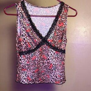 Leopard Cherry Y2K Sheer Lace Trim Women's Tank Top